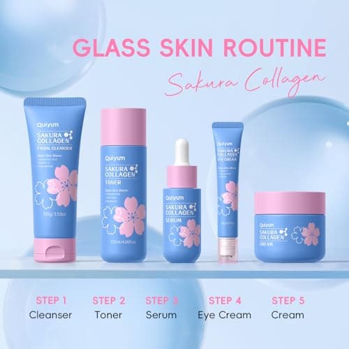QUIYUM Sakura Collagen Skincare Set - 8-Piece Glass Skin Routine with Cleanser, Toner, Serum, Eye Cream, Moisturizer | Hydration, Firm, Glow for All Skin Types, Skin Care Gift Sets, for Mother's day view 6