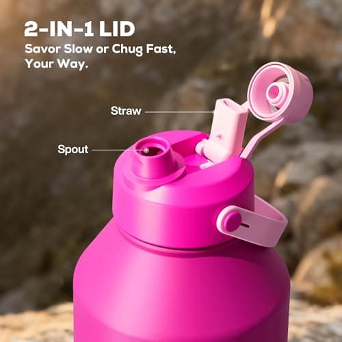 POWCAN 64 oz Insulated Metal Water Bottle for Women: 2-in-1 Straw & Spout Lid, Keep Cold 48H, Leakproof, Carrier Bag, Half Gallon Stainless Steel Water Bottle for Sports, Travel, and Fitness (Peony) view 4