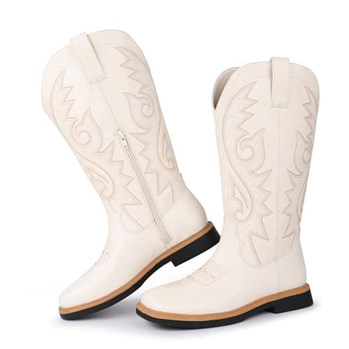 Hawkwell Women's Cowboy Cowgirl Boots Square Toe Side Zipper Embroidered Low Heel Dress Western Mid Calf Boot — image 1