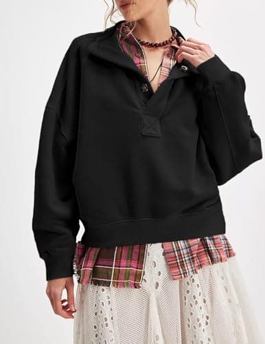 Oversized Sweatshirt for Women Henley Neck Pullover Tops view 2