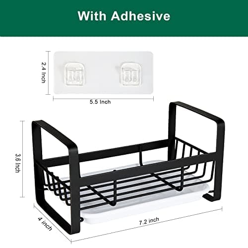 TEZZ Sponge Holder for Kitchen Sink- Stainless Steel Kitchen Sink Caddy for Organizing Sponge, Brush & Soap Dish Dispenser, coutertop Organizer Rack with Adhesive or Counter top, Black view 2