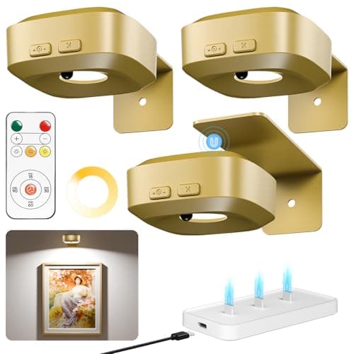Picture Lights for Wall with Charge Station, 3 Pcs Rechargeable Magnetic Poster Lights with 3 Color Temperatures, Dimmable Timer Painting Wall Decor Light for Art Display, Frame (Gold)