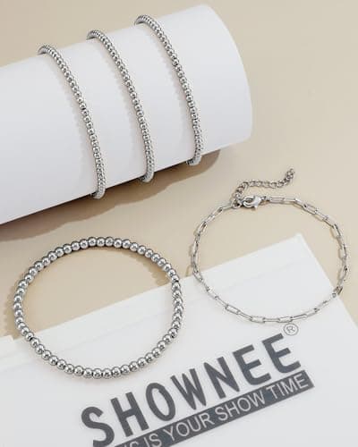 shownee Gold Beaded Bracelet for Women 14K Gold Plated Bracelets Gold Stretch Bead Ball Bracelets Hypoallergenic Stackable Bracelet Set view 6