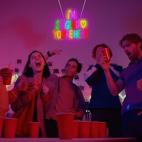 I'm So Glad You're Here Neon Sign, Letter Neon Signs for Wall Decor Dimmable Light up Sign, Classroom Wedding Kids Room Store Home Neon Decor 14.17 x 12.2 inch view 6
