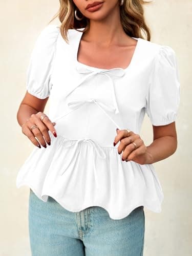 Tankaneo Womens Summer Peplum Babydoll Tops Square Neck Short Puff Sleeve Blouses Ruffle Cute Bow Shirts view 4