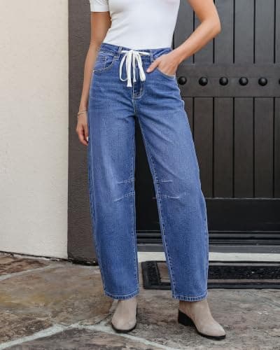 luvamia Barrel Jeans Women Trendy Baggy High Waisted Drawstring Denim Pants | Barrel Wide Leg Pants, 27.5" Inseam, Baggy Jeans, Stretchy, Ankle Length, Drawstring Adjustable Waist, Casual Denim Outfits view 3