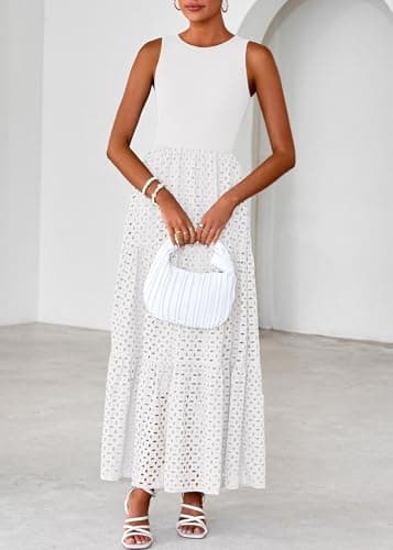 Lazysmile Womens Summer Dresses Crewneck Sleeveless A-Line Hollow Out Eyelet Tiered Tank Maxi Dress Sundress with Pockets view 5