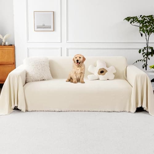 Couch Cover for Pets Sectional Non Slip Sofa Cover for 3 Cushion Couch Washable Chenille Sofa Throws with Tassel Furniture Protector Pet Friendly, Beige, 71''x 134'' — image 1