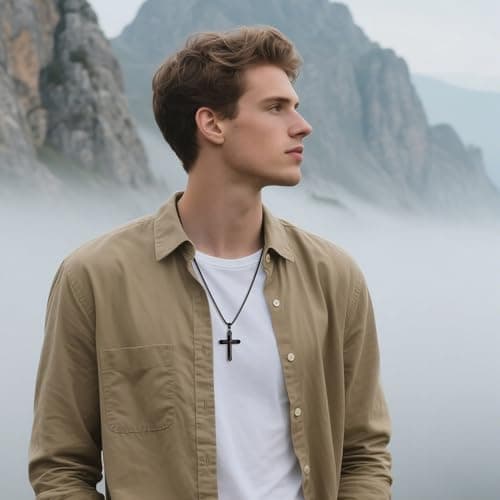 GTMJ Cross Necklace for Men -Stainless Steel & Wood Adjustable Box Chain 24-26in, Spiritual Jewelry Gift for Him, Everyday Wear view 2