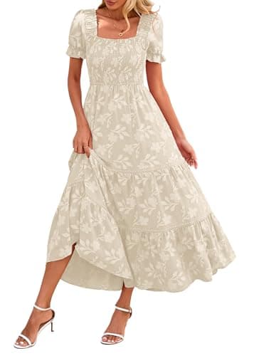 Lazysmile Women's Summer Boho Floral Maxi Dress Short Sleeve Square Neck Smocked Ruffle Elegant Wedding Guest Dress — image 1