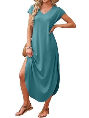 RUMIA Summer Casual Maxi Dresses for Women- Women's V Neck Cap Sleeve Long Sundress with Pockets Beach Vacation view 3