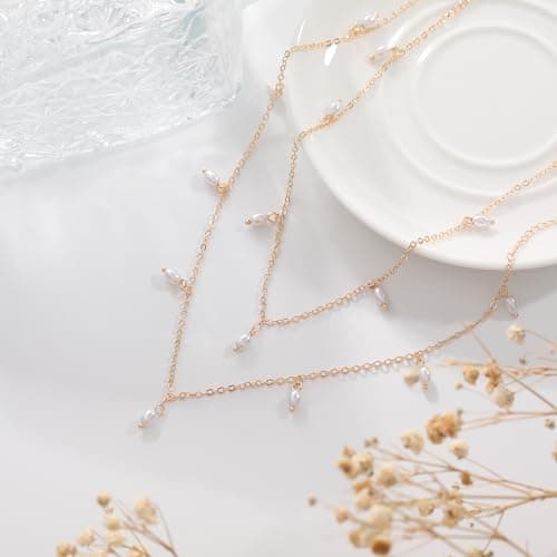 ZNBOH Pearl Necklaces for Women 14k Gold Plated Dainty Choker Layered Pearls Pendant Necklace for Girls Cute Simple Faux Pearl Necklace Trendy Thin Small Drop Chain Wedding Prom Bridal Jewelry Gift view 6