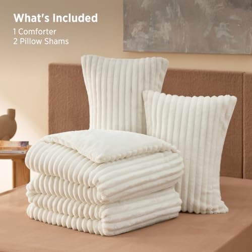 Bedsure Fluffy Comforter Set Queen Size, Cream White, 3 Piece view 5