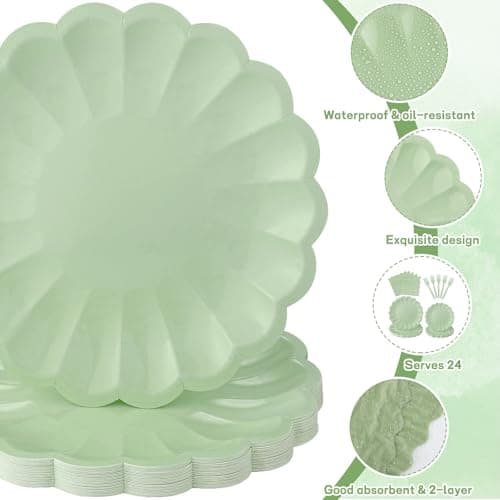 96 Pcs Sage Green Paper Plates and Napkins Party Supplies Serve 24 Guests Include Scalloped Dinner Plate 9.5", Dessert Plate 7.5", Napkins Plastic Forks for Baby Bridal Shower Wedding Birthday view 4