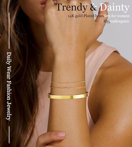 ZNBOH Gold Bracelets for Women Dainty 14K Gold Plated Bangle Cuff Stack Adjustable Stackable Bracelet Non Tarnish Trendy Set Tennis Chain Layered Waterproof Jewelry Gifts for Women view 3