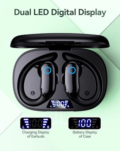 GNMN Active Noise Cancelling Ear Buds Wireless Earbuds 96hrs Playback Bluetooth Headphones Dual Battery Display Stereo Bass Earphones with Earhooks Microphone IPX7 Waterproof Headset for Sports/Gym view 4