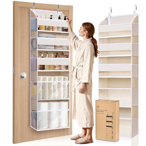 5 Tiers Over the Door Organizer with 10 Mesh Side Pockets, 44 lbs Weight Capacity Closet Hanging Storage Organizer with Large Clear Window Kids Toys, Shoes, Diapers, Beige — image 1