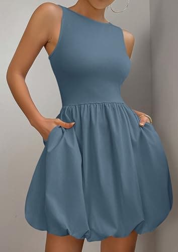 PRETTYGARDEN Summer Dresses for Women 2026 Casual Sleeveless Tank Mini Short Cocktail Dress Crew Neck Bubble Sundress Pockets view 4