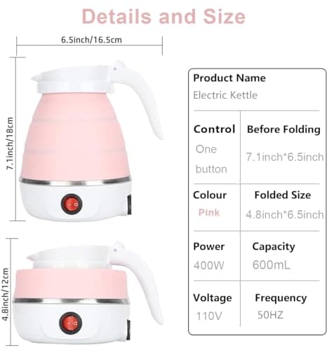 Foldable Electric Kettle, Upgraded Food Grade Silicone,600W 600ML Flash Heat Small Portable Travel Electric Kettle,110V US Plug (Sakura Pink) view 3