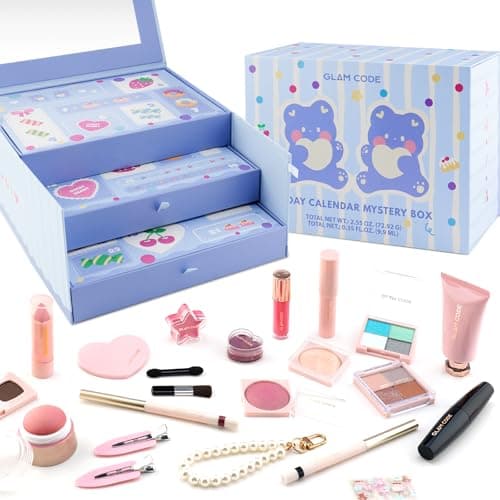 Glam Code Makeup Advent Calendar for Girls 2026, 24 Day Beauty Countdown | Christmas Makeup Gift Set for Teen Girls, Makeup Advent Calendar 2026 with Eyeshadow, Blush, Lip Gloss and Charms, Blue — image 1