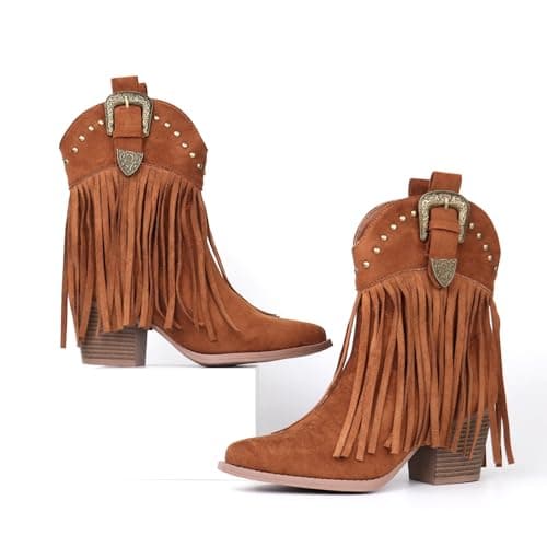 Hawkwell Women's Fringe Cowboy Cowgirl Boots Snip Toe Pull On Dress Western Ankle Booties view 5