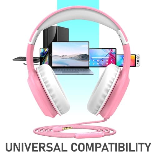 FosPower Kids Headphones with 3.5mm Laced Cables, Children & Teens Over The Ear Foldable Adjustable Headset w/Built-in Mic for Smartphones/PC/Tablet/Laptop/School (Max Volume 85dB) – Pink/White view 6
