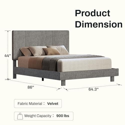 FLEXISPOT Queen Bed Frame with Adjustable Headboard, Velvet Upholstered Bed Frame with Vertical Channel Design, Plush Padding, Bonus LED Wall Light, No Box Spring Needed, Easy Assembly, Dark Grey view 2
