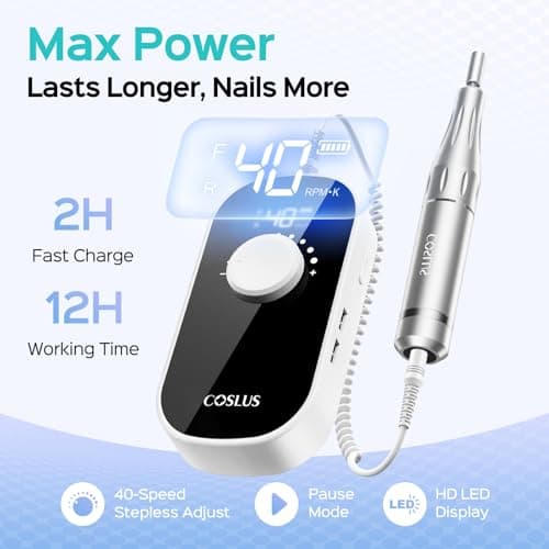 COSLUS Professional Rechargeable Electric Nail Drill 40000 RPM, Portable Nail File with Storage Stand for Acrylic Gel Polishing Removing - Easy to Use for Women, Manicure at Home DIY or Salon, White view 4