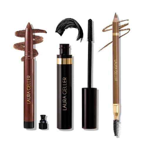 LAURA GELLER Laura’s 3 E’s Eyeliner, Eyelash & Eyebrow Kit for Mature Skin | Medium Brown | Kajal Longwear Eyeliner, Kajal Longwear Mascara & Bravo Brows Soft Pencil + Brush