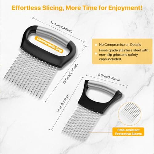 【2 PCS】Onion Holder for Slicing - Stainless Steel Vegetable & Fruit Cutter Chopper for Onions, Tomatoes, Avocados, Potatoes, Eggs, Meat & Lemon - Kitchen Slicer Assistant with Neat Guide & Tenderizer. view 3