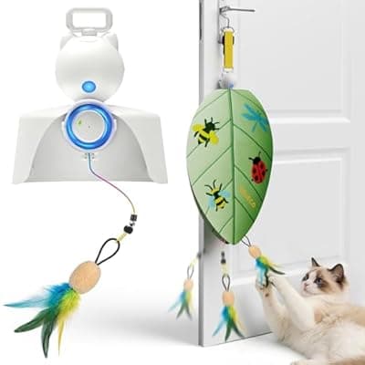 ROJECO Interactive Cat Toys for Indoor Cats, Automatic Door Hanging Cat Toy with Retractable Feather & Mouse, 2 Sleep Modes USB-C Rechargeable, Engaging Cat Toys for Bored Kittens & Adult Cats