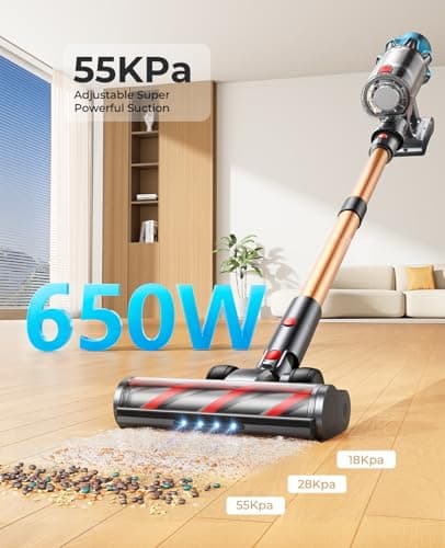 Cordless Vacuum Cleaner 650W/55Kpa, Stick Vacuum Cleaners 70 Mins Max Runtime with Charging Dock, Self-Standing Handheld Vacuum with Touch Display, 6-in-1 Vacuum Cleaner for Carpet/Hard Floor/Pet Hair view 2