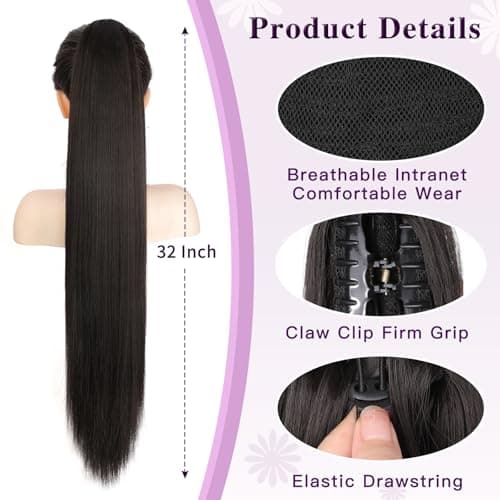 HMD Ponytail Extension, Long Straight Drawstring Pony Tail Hair Pieces Synthetic Ponytails Natural Soft Clip in Hair Extension ponytail for Women view 6