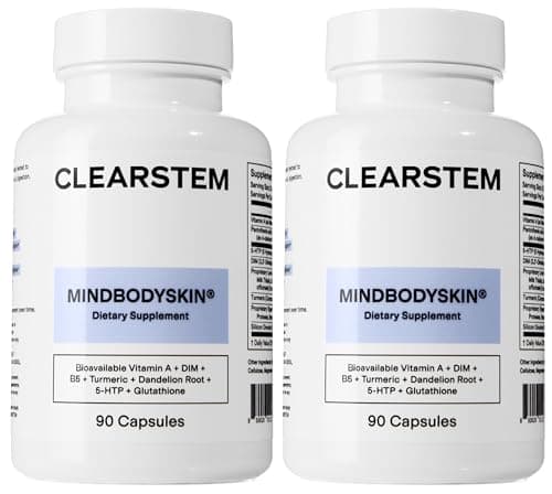 CLEARSTEM - MINDBODYSKIN Hormonal Acne Supplement (5-HTP) - Natural DIM Supplement - Skin Care Vitamins - Hormone Balance, Antioxidants - Gluten Free, Cruelty Free - 60 Servings, 180 Capsules
