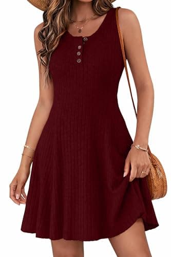 Lazysmile Summer Sleeveless Dresses for Women Crewneck Button Down Ribbed Knit A Line Casual Short Dress — image 1