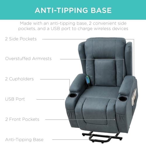 Best Choice Products PU Leather Electric Power Lift Chair, Recliner Massage Chair, Adjustable Furniture for Back, Legs w/ 3 Positions, USB Port, Heat, Cupholders, Easy-to-Reach Side Button - Blue view 6