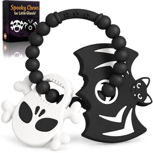 Halloween Baby Teething Toys, Boo Basket Stuffers for Toddlers & Newborns | Bat & Skull Goth Teether for Infants; Textured Sensory Teething Ring, Silicone Chew Toys, Gift for Baby's First Halloween — image 1