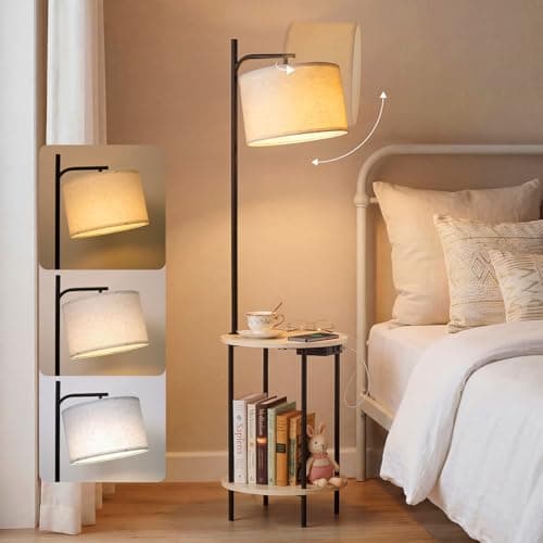 ONEWISH Floor Lamp with Table, End Table with Lamp, Charging Station (USB/Type-C/AC), Round Coffee Table for Living Room & Bedroom (White) view 1