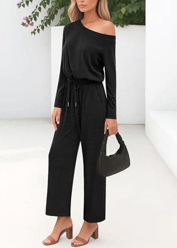 Lazysmile Jumpsuits For Women Dressy Long Sleeve Off Shoulder One Piece Wide Legs Rompers Casual Fall Outfits with Pockets view 4