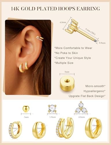 Turandoss 7 Pairs Gold Hoop Earrings for Women, 14K Gold Plated Hypoallergenic Small Huggie Hoops Earrings CZ Stud Earrings Stack, Cartilage Piercing Jewelry for Multiple Piercings view 3