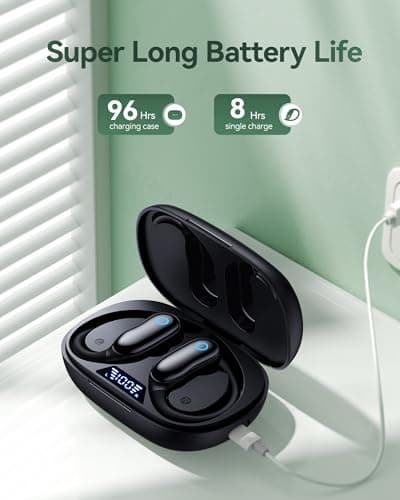 GNMN Active Noise Cancelling Ear Buds Wireless Earbuds 96hrs Playback Bluetooth Headphones Dual Battery Display Stereo Bass Earphones with Earhooks Microphone IPX7 Waterproof Headset for Sports/Gym view 3