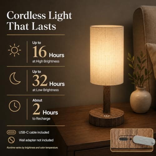 Small Rechargeable Cordless Table Lamp, Nightstand to Desk, Dark Walnut | 2000mAh Battery Operated Lamp, Soft Linen Glow for Bedside, Bedroom, Side Tables and Home Decor, 3 Color Modes, Touch Dimming view 2
