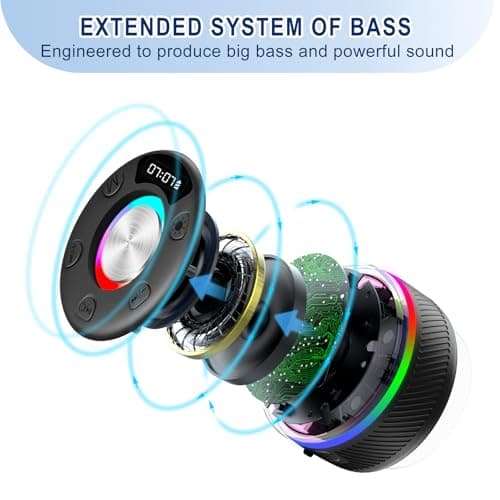 Bluetooth Shower Speaker IP7 Waterproof Portable Speakers HD Sound 24H | with HD sound & suction cup for Home/Party/Outdoor/Beach Durable build, RGB lights, LED time display & mic for shower. view 4