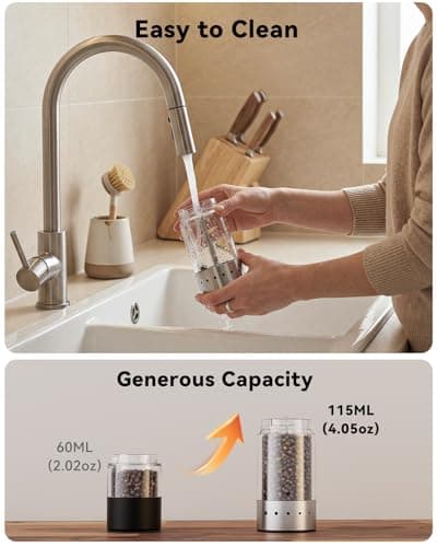TOMEEM Rechargeable Electric Salt and Pepper Grinder Set, Battery Display | 115ml Large Capacity Stainless Steel Automatic Pepper Mill with Black Storage Base, LED Light with 5 Adjustable Coarseness view 6