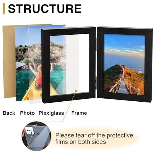 Vittanly 5x7 Double Picture Frame, Hinged 2 Opening MDF Photo Frames with Plexiglass, Vertical Tabletop Stand, Black view 7