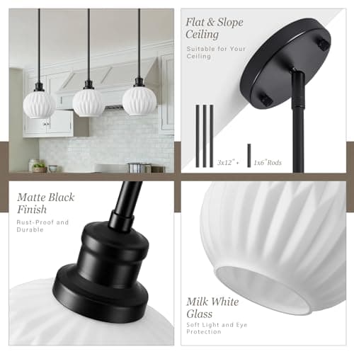 Karjearl Milk Glass Pendant Lights Kitchen Island, 1-Light 7.1" Black Modern Pendant Light Fixtures with Rods, Globe Hanging Lighting for Kitchen Sink Bathroom Dining Room, E26 Base view 2