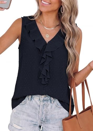 PRETTYGARDEN Tank Tops for Women 2026 Summer Fashion Sleeveless Ruffle Button Swiss Dot Dressy Casual Blouses Work Shirts view 3