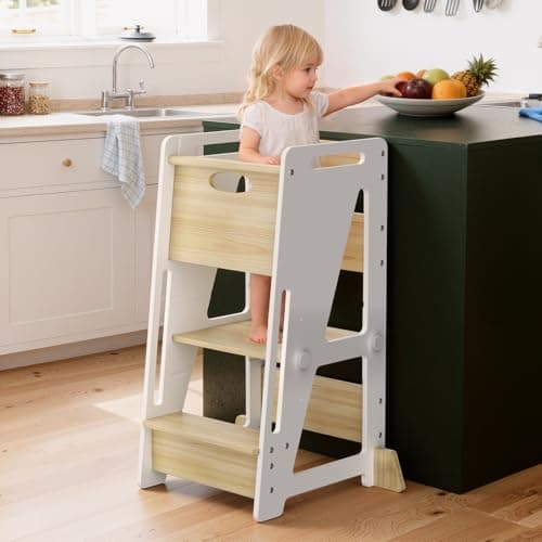OPAUL Toddler Standing Stool - 3-Level Adjustable Kitchen Step Stool for Kids, Sturdy Wooden Kitchen Stool with Non-Skid Feet (Ages 18 Months-6 Years), White view 2