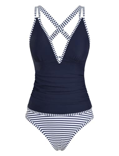 ZAFUL Womens Tankini Swimsuits V Neck Push Up Swim Top Color Block Tummy Control High Waisted Bathing Suits Swim Bottom view 4