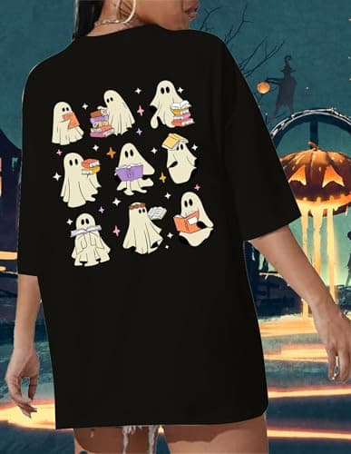 Halloween Shirts for Women Oversized Ghost Reading Books T-Shirt Cute Spooky Bookish Short Sleeve Tee Tops view 3